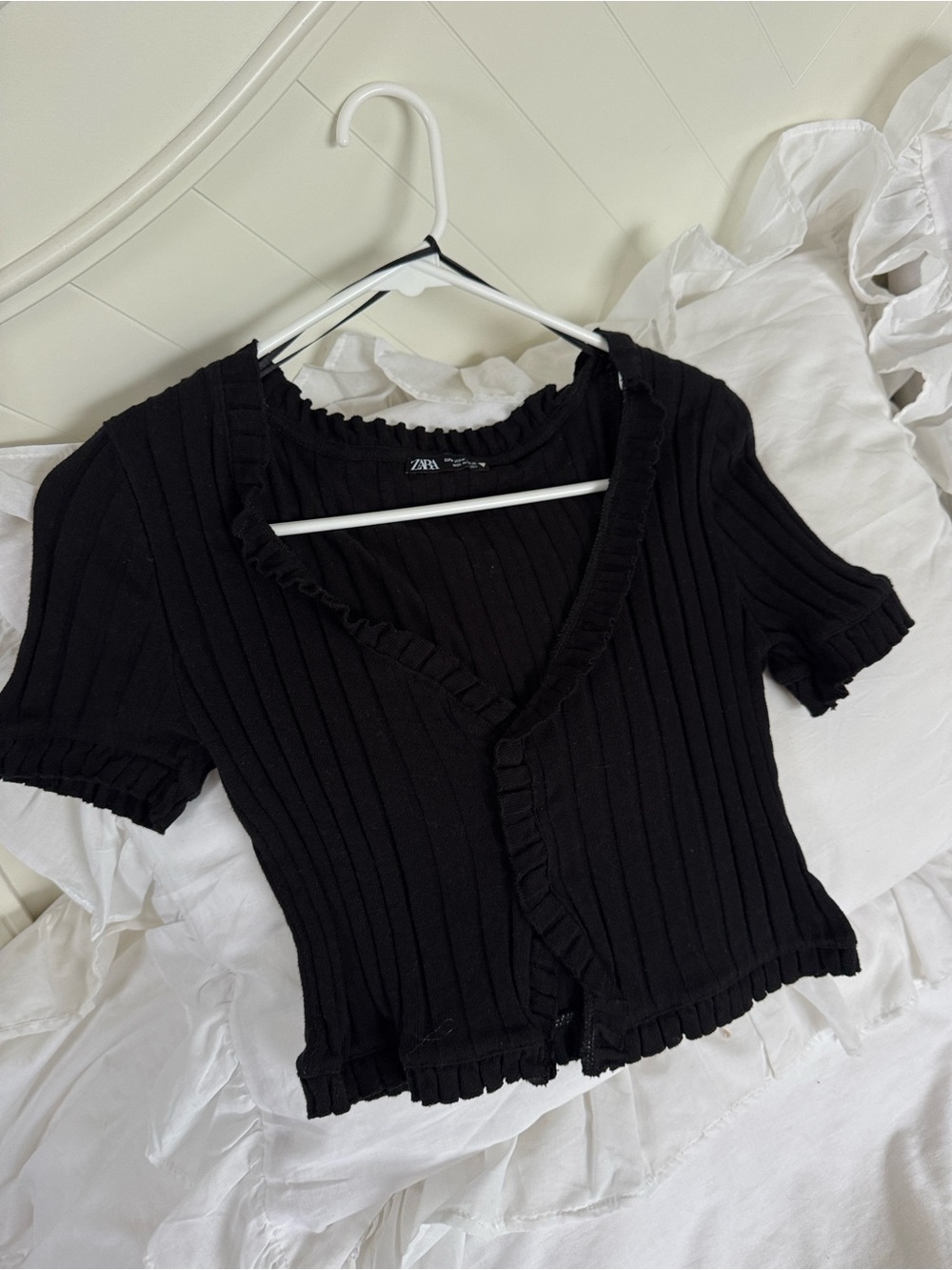ZARA Black Ribbed Short Sleeve Ruffle-Trim Cardigan Top